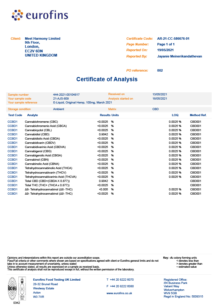 Harmony CBD Liquid Original Hemp 10ml, 30-600 mg CBD